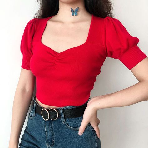 9327969053c0068dd9e07c529866b94ddesc45648310ri Red Clothes Casual, Knitting Top, Fe Clothing, Short Sleeve Cropped Top, Wrap Dress Floral, Knit Crop Top, Knitted Tshirt, Sweetheart Neck, Looks Vintage