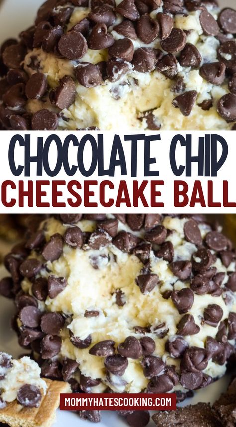 chocolate chip cheesecake ball Chocolate Chip Ideas Desserts, Choc Chip Cheeseball, Chocolate Chip Cream Cheese Ball, Chocolate Chip Cheese Ball Recipe, Chocolate Chip Cheeseball Dip, Sweet Cheeseball Recipes Desserts, Cheese Ball Recipes Sweet, Chocolate Dessert For A Crowd, Cream Cheese Chocolate Chip Dip