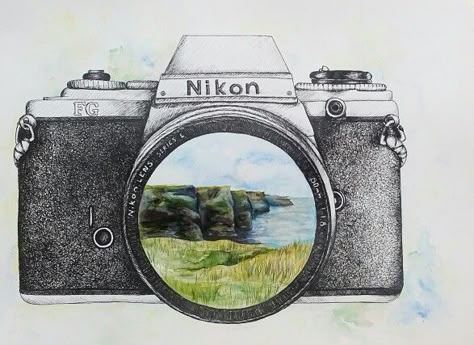 Pen&Ink/Watercolor Nikon camera   (Cliffs of Moher, Ireland) Painting Of A Camera, Sketch Of A Camera, Camera Drawing Art Creative, Drawing A Camera, Camera Watercolor Painting, Photography Drawing Camera, Camara Drawings, Cliffs Of Moher Tattoo, Camera Painting Ideas