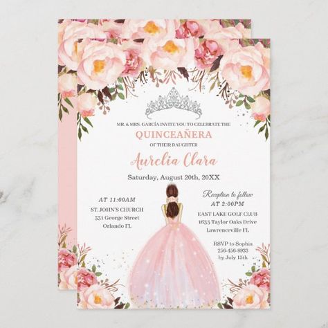 Chic Quinceañera Soft Blush Floral Princess Silver Invitation Champagne And Blush Quinceanera Theme, Champagne Gold Dress, Quinceañera Invitation, Princess Invitation, Sparkly Gown, Quince Invitations, Champagne Flowers, Silver Invitation, Dress Quinceanera