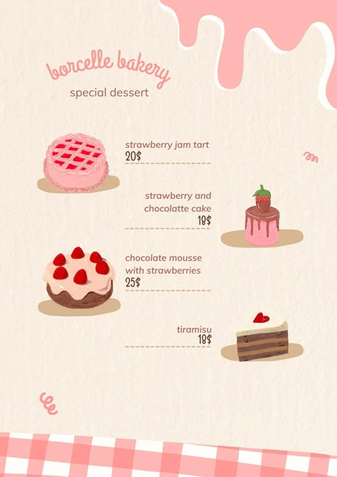 Mini Menu Design, Mini Cafe Menu Ideas, Cake Menu Design Ideas Template, Dessert Flyer Design, Bakery Template Design, Dessert Menu Design Ideas Templates, Baking Menu Design, Menu For Bakery, Bakery Posters Design