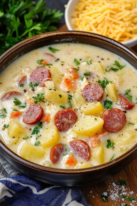 Kielbasa Potato Soup Recipe Potato Kelbeisa Soup, Polish Sausage And Potato Soup, Kiebalsa Potato Soup, Cheesy Kielbasa Potato Soup, Polish Kielbasa Soup, Smoked Sausage Soup Recipes Kielbasa, Kielbasa And Mashed Potatoes, Kabasa Sausage Potato Soup, Polish Sausage Soup Recipes