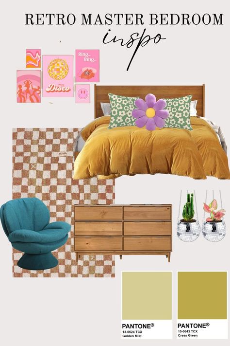 Retro Master Bedroom Inspo, MasterBedroom Decor, Retrro Bedroom Decor, Retro Bedroom, Retro Inspo, retro decor, retro, retro design, retro design ideas, master bedroom ideas, bedroom inspiration, bedroom ideas, bedroom decor, bedroom design, retro accents, retro decor, groovy hippie, groovy decor, hippie decor, groovy, hippie Retro Guest Bedroom, Groovy Bedroom Aesthetic, Retro 70s Bedroom, Funky Retro Bedroom, Groovy Room Decor, Bedroom Decor Retro, Groovy Bedroom, Groovy Room, Retro Bedroom