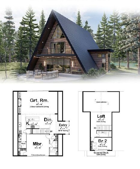 A Frame Cabin Floor Plans With Loft, A Frame Blueprints, Aframe Home Designs, A Frame With Loft, A Frame Floor Plans, A Frame Cabin Plans, Triangle House, A Frame Cabins, Tiny House Loft