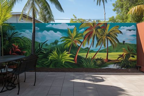 Unique Backyard Mural Ideas for Outdoor Garden and Fence - Basic Home DIY Backyard Mural Ideas, Outdoor Mural Ideas, Palm Tree Mural, Forest Murals, Backyard Mural, Flower Murals, Garage Mural, Unique Landscaping, Unique Backyard