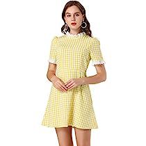 Plaid Summer Dress, Round Neck Dresses, Dress Yellow, Gingham Dress, Knee Dress, Neck Lace, Lace Panelled, Plaid Dress, Costume Dress