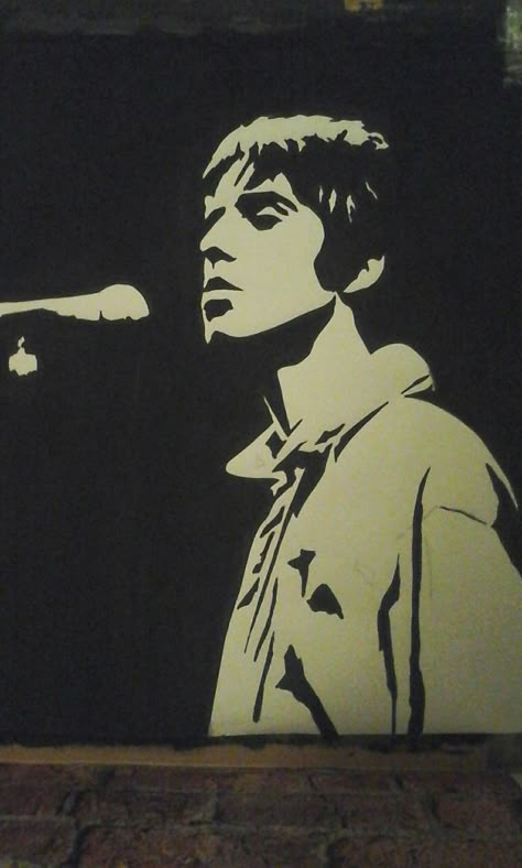 Stencil painting Liam Gallagher  by Roy Oasis Painting Band, Liam Gallagher Painting, Liam Gallagher Silhouette, Movie Stencil Art, Liam Gallagher Drawing, Liam Gallagher Tattoo, Sketches Of Music, Liam Gallagher Wallpaper, Oasis Tattoo Ideas