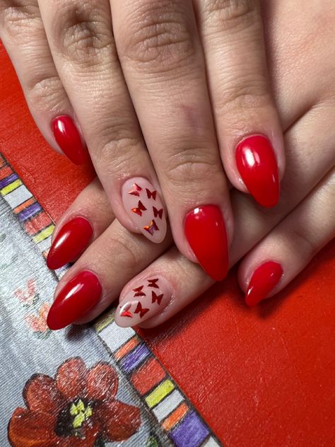 Red Nails With Butterfly, Red Nails With Butterflies, Red Butterfly Nails, Butterflies Nails Acrylics, Nails With Butterflies, Moms Nails, Short Red Nails, Red Nail Art Designs, Red Nail Art