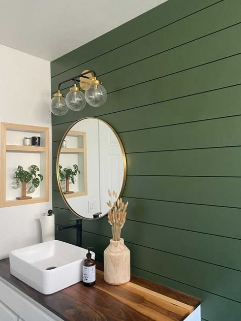 Greens dominate 2022 ‘Colors of the Year’ | Blog Sage Green Bathroom Walls, Green Shiplap, Chic Powder Room, Room Decor Lighting, Shiplap Bathroom, Brass Vanity, Small Bathtub, Glam Boho, Bathroom Transformation