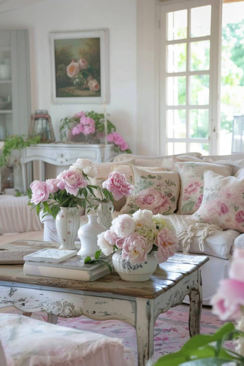 40 Unique Aesthetic Living Room Ideas You’ll Love Cottage Living Room Aesthetic, Shabby Chic Living Room Ideas, Aesthetic Living Room Ideas, Coastal Pink, Dnevni Boravak, Mismatched Furniture, Shabby Chic Decor Living Room, Chic Living Room Decor, Decor 2023