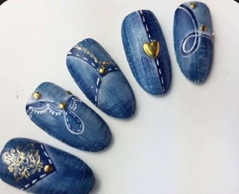 Blue Jean Nails, Denim Nails Ideas, Denim Blue Nails, Jean Nails, Jeans Nails, Denim Nails, Salon Nails, Queen Nails, Nail Box