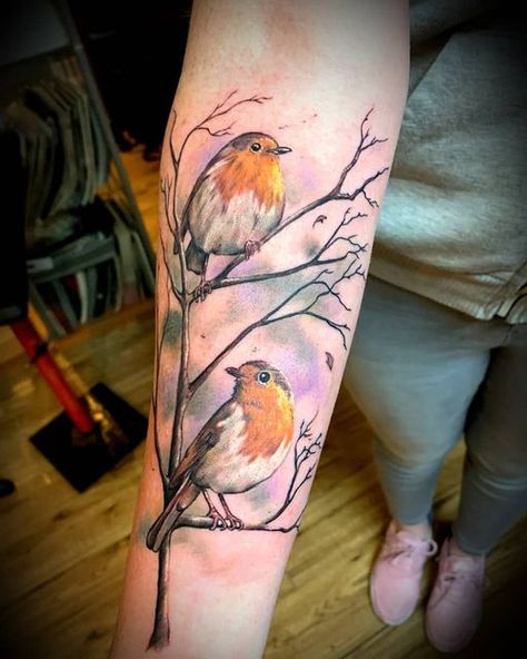 Robin Arm Tattoo, Realistic Robin Tattoo, Robin Bird Tattoos For Women, Robin On A Branch Tattoo, Robin Tattoo Memorial, Robin Tattoos, Robin Watercolour Tattoo, Robin Bird Tattoos, Lightning Bolt Tattoo