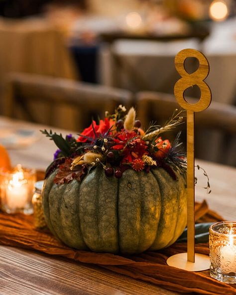 Danielle and Zach are featured on the blog this week! They wanted to feature all their favorite things on their wedding day: Agriculture - Corn, Soybeans and Tractors ✔️ University of Illinois 🧡 💙 ✔️ Midwest Fall Harvest ✔️ Family, Faith and Friends ✔️ This was a fun wedding to design last fall because their favorites also happen to be my favorites! Congratulations Dani and Zach! Photos by @nowandthensisters at @havenonthefarm Pumpkins from @thepumpkinplacepville @christorchard @dani_... Wedding With Pumpkins Decorating Ideas, Wedding Farmhouse Table, Fall Harvest Wedding, Pumpkin Wedding Decorations, Pumpkin Centerpieces Wedding, Midwest Fall, Greenery Runner, Harvest Wedding, Wedding Farmhouse