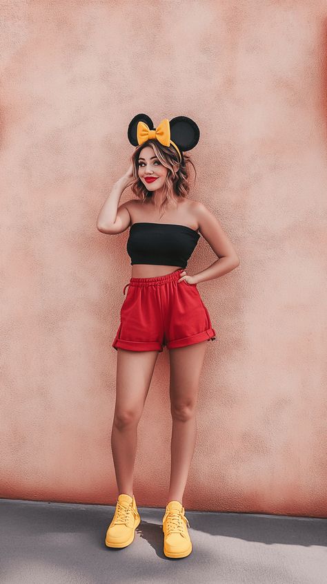 A casual Disney bound outfit inspired by Minnie Mouse, featuring a woman wearing red shorts, a black top, yellow shoes, and Minnie Mouse ears with a playful and modern style. The background is a light, neutral color, keeping the focus on the outfit. Minnie Mouse Inspired Outfit, Disney Characters Signatures, Minnie Mouse Outfit, Rapunzel And Flynn, Minnie Mouse Outfits, Mom Lifestyle, Disney Bound Outfits, Outfit Inspired, Outfits Dress