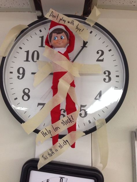 Elf on the shelf in the classroom Elf Classroom, Classroom Shelves, Classroom Elf, Classroom Clock, Awesome Elf On The Shelf Ideas, Holiday Classroom, Elf Activities, Xmas Elf, Elf Antics