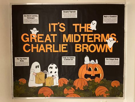 Resident Assistant Bulletin Boards Halloween, Bulletin Boards Ra College, Midterms Bulletin Board, Bulletin Board Ideas For October, Snoopy Halloween Bulletin Board, Self Care Ra Bulletin Board, October Bulletin Boards For College, Fall Ra Board Ideas, Halloween College Bulletin Boards