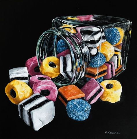 Jar Of Allsorts Liquorice, Painting by Hanna Kaciniel | Artmajeur, #oilpainting #art #painting #artist #artwork #contemporaryart Food Abstract, Confectionary Art, Sweets Art, Food Paintings, Painting Food, Still Life Artists, Hyper Realistic Paintings, Candy Art, Paintings Abstract