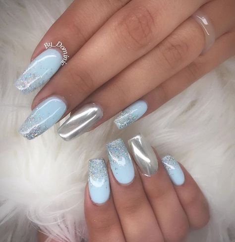 Ice Blue And Silver Nails, Blue White Silver Nail Designs, Pale Blue And Silver Nails, Light Blue Nails With Silver Design, Ice Nails Winter, I’ve Blue Nails, Pastel Blue And Silver Nails, New Years Nails Blue And Silver, Sky Blue And Silver Nails