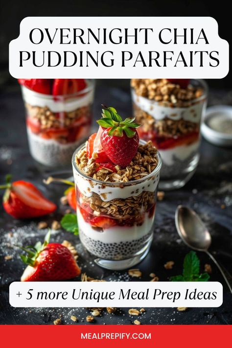 Three overnight chia pudding parfaits topped with strawberries and granola for meal prep ideas for busy professionals. Meal Prep Parfait, Parfait Meal Prep, Simple Meal Prep Ideas, Overnight Chia Pudding, Overnight Chia, Simple Meal Prep, Pudding Parfait, Mediterranean Quinoa Salad, Pan Chicken Fajitas