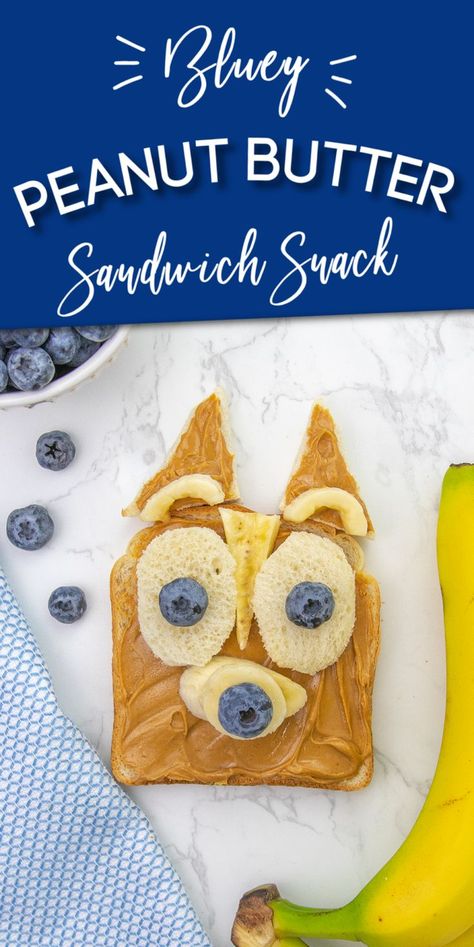 Bluey Peanut Butter Sandwich Snack Idea Bluey Bingo Sandwich, Bluey Character Pancakes, Bluey Sandwiches, Bluey Fruit Tray, Bluey Pancakes, Snack Themes, Bluey Snacks, Bluey Themed Food, Bluey Food Ideas