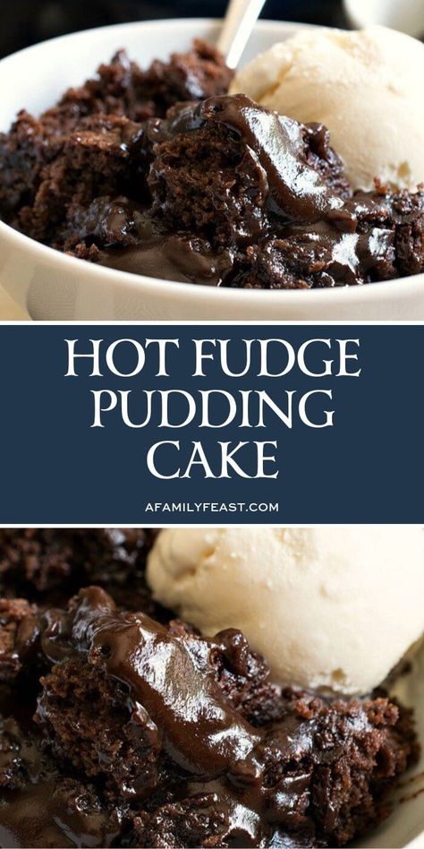 Hot Fudge Pudding Cake is a delicious, vintage recipe that everyone absolutely loves! A fudge sauce forms under a rich chocolate cake as it bakes in the oven. Hot Fudge Pudding Cake Recipe, Hot Fudge Pudding Cake, Hot Fudge Pudding, Fudge Pudding Cake, Dessert Kabobs, Fudge Pudding, Microwave Brownie, Fudgy Cake, Easy Brownie