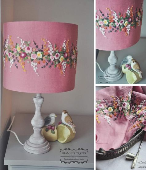 Embroidered Lampshade Diy, Lampshade Embroidery, Embroidered Lamp Shade, Embroidery Lamp, Embroidered Lampshade, Embroider Ideas, Floral Lampshade, Colorful Room Decor, Diy Crafts For Girls