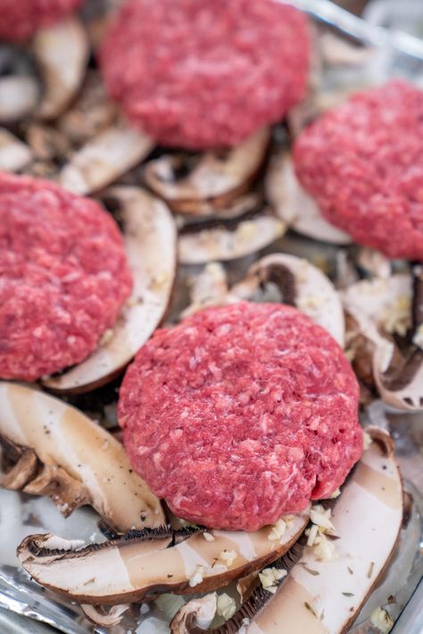 Sheet Pan Mushroom Sheet Pan Hamburger Steak, Hamburger Steak With Mushrooms, Steak With Mushrooms And Onions, Steak With Mushrooms, Sheet Pan Steak, Steak Mushrooms, Hamburger Steaks, Mushrooms And Onions, Pan Steak