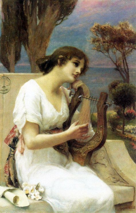 Alfred Siefert (1850-1901) —  Young Lady Playing a Lyre (750×1176) Lyre Aesthetic Instrument, Achilles Painting, Sappho Tattoo, Lyre Instrument, Sea Maiden, Pre Raphaelite Art, Music Background, The Harp, Academic Art