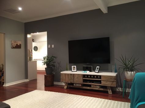 Gray Wall Behind Tv, Dark Wall Behind Tv, Dark Grey Tv Wall, Wood Panel Tv Wall Grey, Dark Grey Tv Stand, Dark Gray Entertainment Center, Dark Grey Feature Wall, Grey Feature Wall, Wall Behind Tv