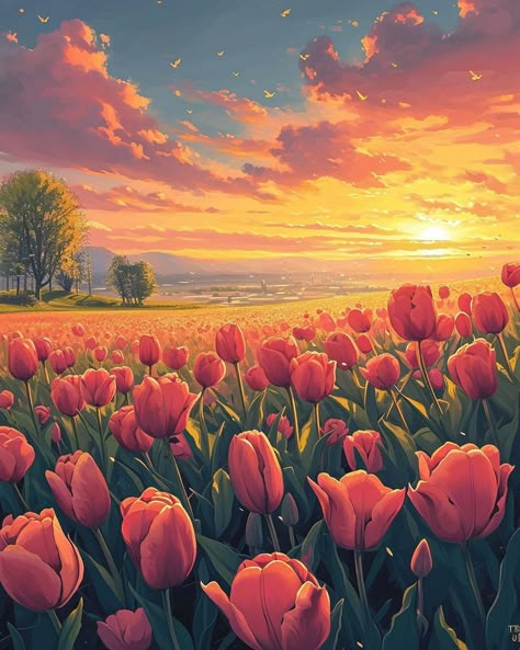 Flowers Scenery Painting, Flower Field Digital Art, Sunset Flower Field Painting, Field Of Flowers Drawing, Flower Field Illustration, Tulips Landscape, Tulips Flowers Aesthetic, Field Of Flowers Painting, Tulips Illustration