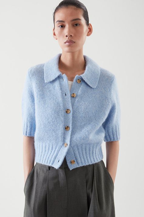 Crafted from a blend of alpaca, wool and recycled nylon, this plain knit cardigan in a sky-blue hue has been cut for a regular fit. The short sleeves, contrast buttons and ribbed trims add a classic feel to this timeless style. - Point collar - Button closure 38% Alpaca, 36% RWS Wool, 26% Recycled polyamide (Recycled nylon) / Dry clean Back length of size S is 50cm / Model is 176cm tall and wearing a size S Oversized Long Sleeve Shirt, Short Sleeve Knit Top, Wool Waistcoat, Merino Wool Cardigan, Cashmere Jumper, Cardigan Outfits, Wool Turtleneck, Alpaca Wool, Cropped Cardigan