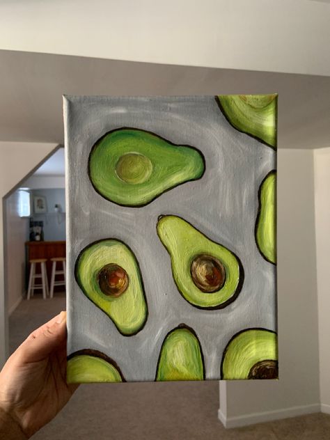 Easy Food Canvas Painting, Avocado Art Paintings, Avocado Canvas Painting, Avocado Painting Acrylic, Oil Painting Avocado, Avocado Still Life Painting, Avocado Painting, Drawing Now, Small Canvas Paintings