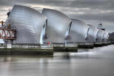 Thames Barrier. View of the Thames Barrier, showing six of the nine concrete pie , #SPONSORED, #showing, #concrete, #piers, #Thames, #Barrier #ad Thames River Cruise, Thames Barrier, Flood Barrier, London Attractions, Gateway Arch, Famous Architects, London Town, Steel Buildings, River Thames