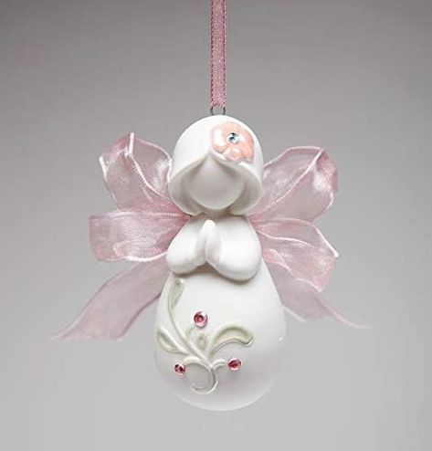 Amazon.com: Fine Porcelain Inspirational Praying Angel with Pink Ribbon Wings Hanging Christmas Tree Ornament Figurine, 3" H : Home & Kitchen Angel Praying, Mini Angel, Clay Christmas Decorations, Praying Angel, Polymer Clay Ornaments, Beautiful Christmas Decorations, Hanging Christmas Tree, Angel Crafts, Christmas Clay