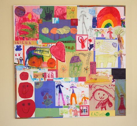 collage child's artwork onto a large canvas Kids Artwork Collage, Kids Art Collage, Organizing Kids Artwork, Childrens Artwork, Creative Organization, Kids Artwork, Organization Kids, Finger Painting, Art Classroom