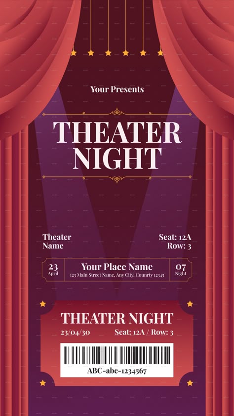 Creative Theater Ticket Theater Poster Ideas, Graphic Organizer Aesthetic, Theater Graphic Design, Theatre Graphic Design, Theater Poster Design, Opera Ticket Design, Theater Ticket Design, Theatre Ticket Aesthetic, Theatre Ticket Design