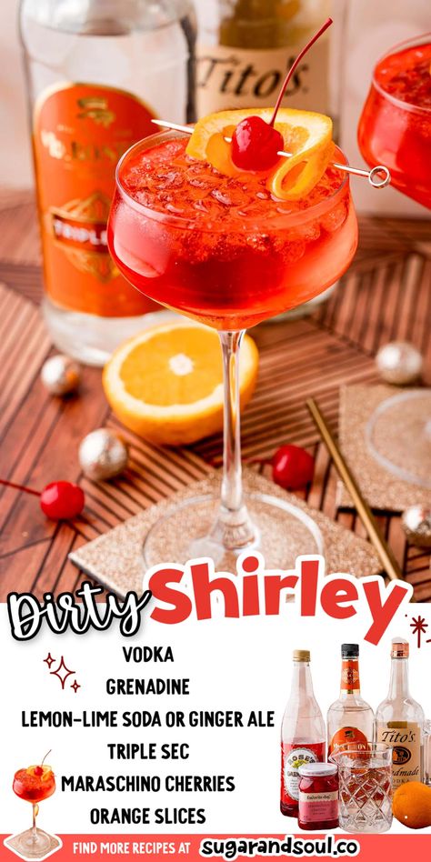 Alcoholic Shirley Temple Drink, Red Signature Drinks, Shirly Temple Drink Recipe, Graduation Drinks Alcohol, Sherly Temple Drink Recipe Alcohol, How To Make A Shirley Temple, Sherly Temple Drink Recipe, Spiked Shirley Temple, Red Drinks Alcohol Parties