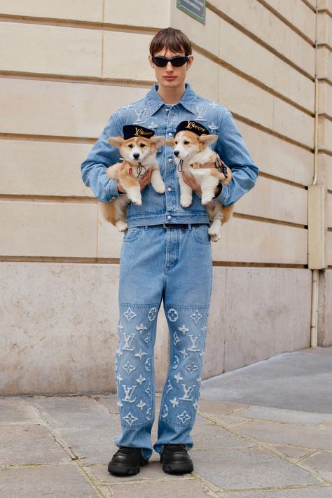 Louis Vuitton Resort 2025 Menswear Fashion Show | Vogue Brand Theme, Louis Vuitton Presents, Pets And Owners, Jean Collection, Nike Slippers, Resort 2025, Fashion Show Poster, Louis Vuitton Trunk, Louis Vuitton Collection