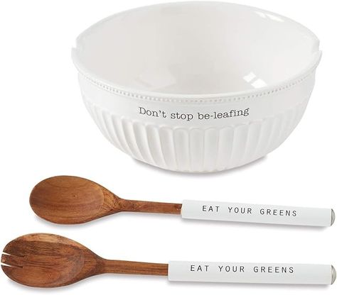 Amazon.com: Mud Pie Dolomite, wood Don't Stop Be-Leafing Salad Bowl Set, 32 oz, White, brown : Home & Kitchen Ceramic Salad Bowl, Wooden Salad Bowl, Serveware Entertaining, Salad Bowls Set, Large Salad Bowl, Mixing Bowls Set, Serving Utensils, Mud Pie, Salad Bowl