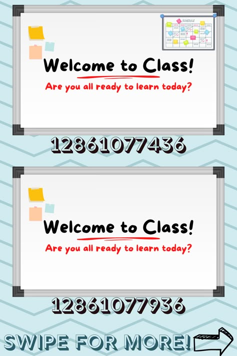 If you do not feel like always having to change the board, here is a general class whiteboard decal for your bloxburg classes :) Feel free to check out the other school related decals I made in my profile! #roblox #bloxburg #bloxburgdecals #robloxdecals #bloxburgschool #bloxburgschooldecals #robloxschooldecals Bloxburg Timetable Decals, Bloxburg School Board Decal Codes, Bloxburg Homework Decals, Bloxburg School Room Decals, Cooking Class Decals Bloxburg, Aesthetic School Bloxburg, Bloxburg School Decal Codes Music, Bloxburg School Locker Decal Codes, Bloxburg Drama Class Decals