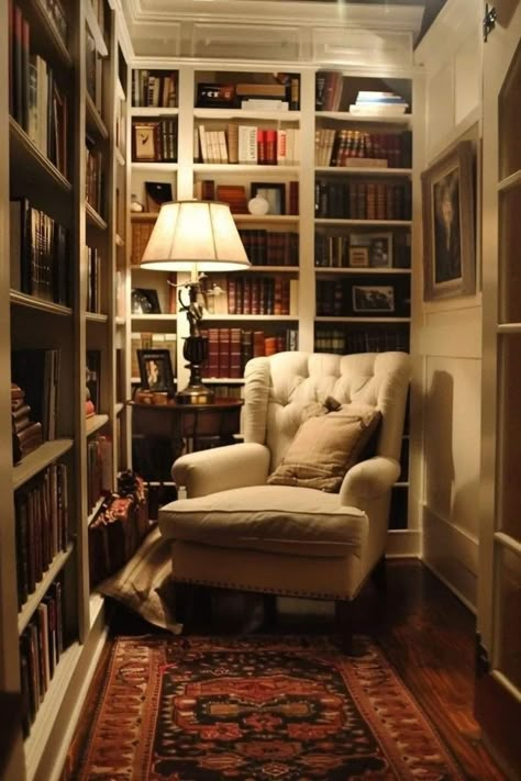 Book Lovers House, Colored Books, Library Rooms, Cozy Reading Chair, Cozy Home Library, Reading Nook Ideas, Home Library Rooms, Cozy Nooks, Fantasy Rooms