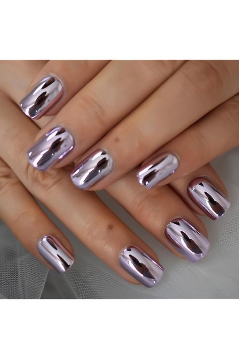 Metal Mirror Press on Nails - iBeautying False Nails - Light Purple Pink Finish Finger Daily Wear Nail - Short Square Acrylic Reusable Fake Nails 24pcs Nails Stiletto, Mirror Nails, Nail Type, Fake Nails With Glue, Metallic Nails, Nail Length, Silver Nails, Nail Art Hacks, Nail Sizes