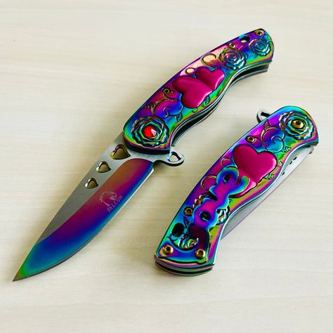 "*  7\" Rainbow Heart Cute Knife Spring Assisted Open Blade Folding Pocket Knife. Hunting, Camping, Cute Knife. Cool Knife. *Great Gift For: excellent husband wife gift Wedding gift Father's Day gift Mother's Day gift Birthday Gift Groomsmen gift Christmas gift Luxury Gifts For Men Anniversary gift for husband *Handle Detail: 4\" Rainbow Titanium Coated Stainless Steel Handle with Heart and Rose Engraving and Red Diamond insert. *Blade Detail: 3\" Rainbow Titanium Coated Stainless Steel Even Bla Cool Knife Set, Switch Blades Knife, Cute Knifes, Cute Pocket Knife, Rose Engraving, Cute Knife, Cool Knife, Rainbow Knife, Gifts For Men Anniversary