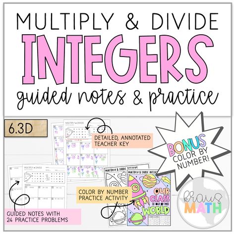 6.3D Math Notes & Worksheet - Multiplying & Dividing Integers. Includes step-by-step instructions, examples, & practice problems. #Math #Algebra Integers Notes, Multiply And Divide Integers, Math Reference Sheet, Multiplying And Dividing Integers, Dividing Integers, Math Integers, Adding And Subtracting Integers, Integer Operations, Number Activity