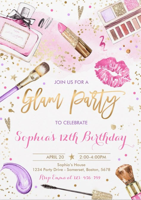 Spa Invitation Card, Makeup Party Invitations, Spa Sleepover Party Invitations, Beauty Party Invitations, Spa Birthday Invites Free Printable, Spa Birthday Party Invitations Free, Spa Party Invitations Free Printable, Spa Invitations Ideas, Glam Makeup Birthday