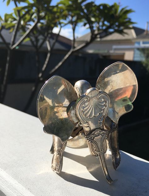 Elephant by Cat - ForForkSakeStudio  Silverware sculpture Silverware Sculpture, Flatware Art, Junk Metal Art, Cutlery Art, Welding Ideas, Metal Ideas, Silverware Art, Iron Woman, Metal Bending Tools