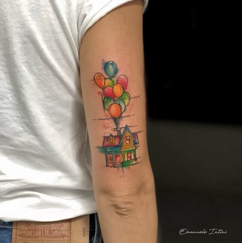 up house watercolor tattoo Disney Pixar Up Tattoo, Up House Tattoo Disney, Up Balloon Tattoo, Up House Tattoo, Up Tattoo Disney, Up Movie Tattoo, Disney Stitch Tattoo, Pop Culture Tattoos, Culture Tattoos