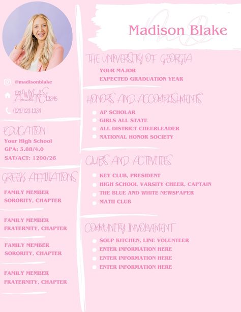 Sorority Recruitment Resume, Sorority Rush Resume, Sorority Resume Examples, Rush Resume, Recruitment Resume, Sorority Rush Week, Rush Week Outfits, College Resume Template, Sorority Socials