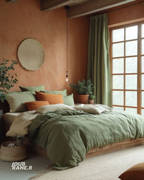 [Sponsored] Refresh Your Home Bedroom With The Soothing Combination Of Terracotta Walls And Soft Green Accents. This Earthy Color Palette Brings Warmth And Tranquility To Your Space. Add Natural Elements Like Potted Plants And Wicker Baskets For A Complete Look That Feels Both Modern And Grounded.  #Bedroomideas #Terracottawalls #Homedecor #Regionalnest #bedroomcolorcombinationsideasaccentwall Terracotta Bedroom, Earth Tone Bedroom, Terracotta Walls, Best Color Combinations, Green Accent Walls, Bedroom Color Combination, Earthy Bedroom, Sophisticated Bedroom, Deco Studio