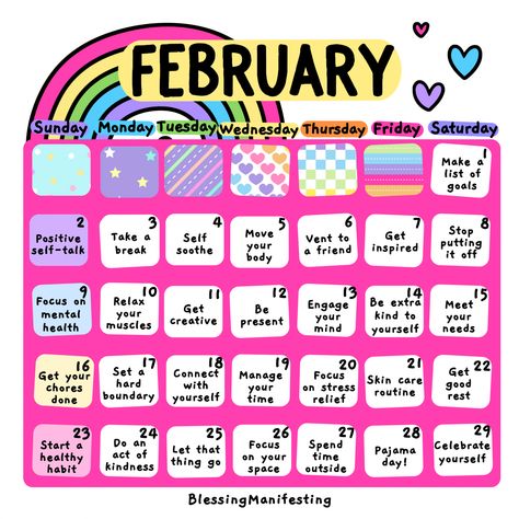 February Self-Care Calendar February Self Care Challenge, February Self Care, Low Self Worth, Let It Out, Serious Relationship, What Image, Positive Self Talk, Love Rainbow, Self Talk